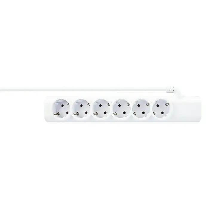 Schwaiger Steckdosenleiste - 6-fach, Weiß, Kabellänge: 1,4 m, USB-A-Buchse (2 Stk.) - Eine weiße Steckdosenleiste mit sechs Steckdosen, die durch ein weißes Kabel verbunden sind, vor einem schwarzen Hintergrund.