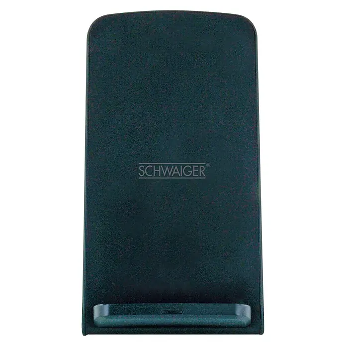 Schwaiger Ladestation Qi - Schwarz, 10 W - Nahaufnahme eines SCHWAIGER-Produktes, das ein elegantes und modernes Design aufweist, ideal für den Einsatz in verschiedenen elektronischen Geräten.