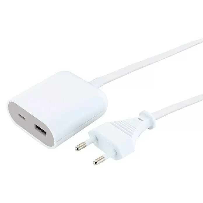 Schwaiger USB-Ladeadapter - Weiß/Grau, 2-fach, Kabellänge: 2,5 m - Weißes USB-Ladegerät mit USB-A- und USB-C-Anschlüssen, verbunden mit einem weißen Netzkabel und Eurostecker.