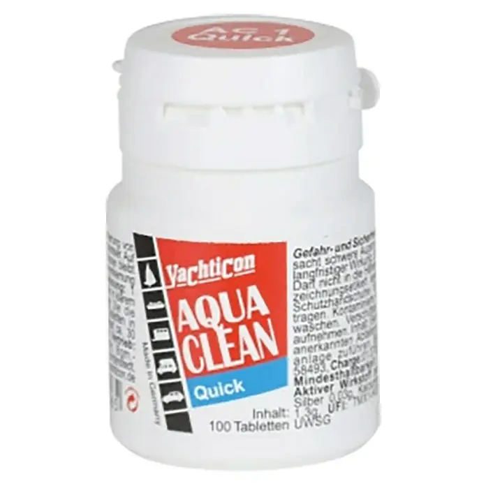 Yachticon Wasseraufbereiter Aqua Clean AC 1 -quick- - Max. ausreichend für Flüssigkeitsmenge: 100 l, Einwirkzeit: 30 min - Dose Yachticon Aqua Clean Quick mit 100 Tabletten zur Wasserreinigung, hergestellt in Deutschland.