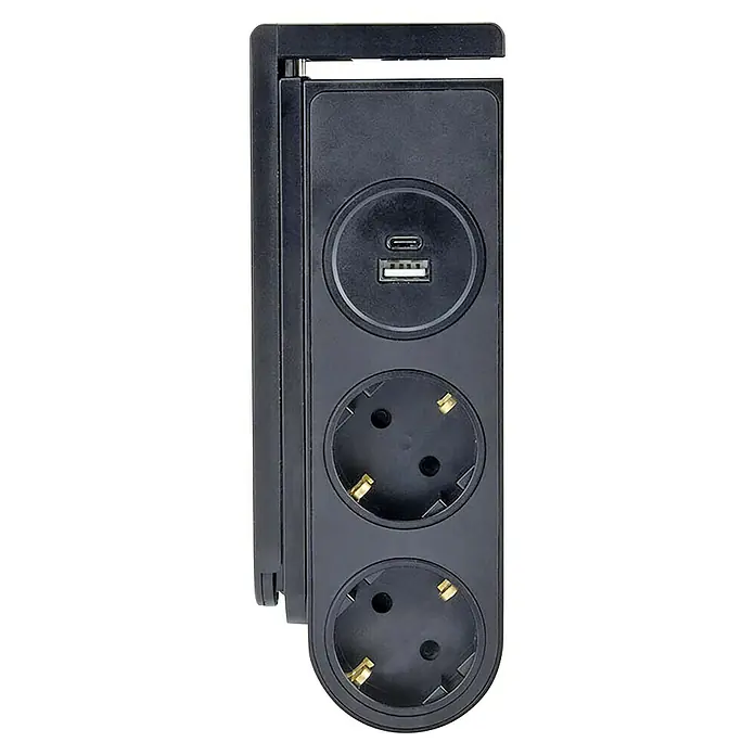 Schwaiger Schreibtischsteckdosenleiste klemmbar, mit USB-A & USB-C - Grau/Schwarz, Kabellänge: 1,4 m - Eine Nahaufnahme eines schwarzen Steckdosenleiste mit zwei Steckdosen und einem USB-C-Anschluss. Praktisch für den täglichen Gebrauch.