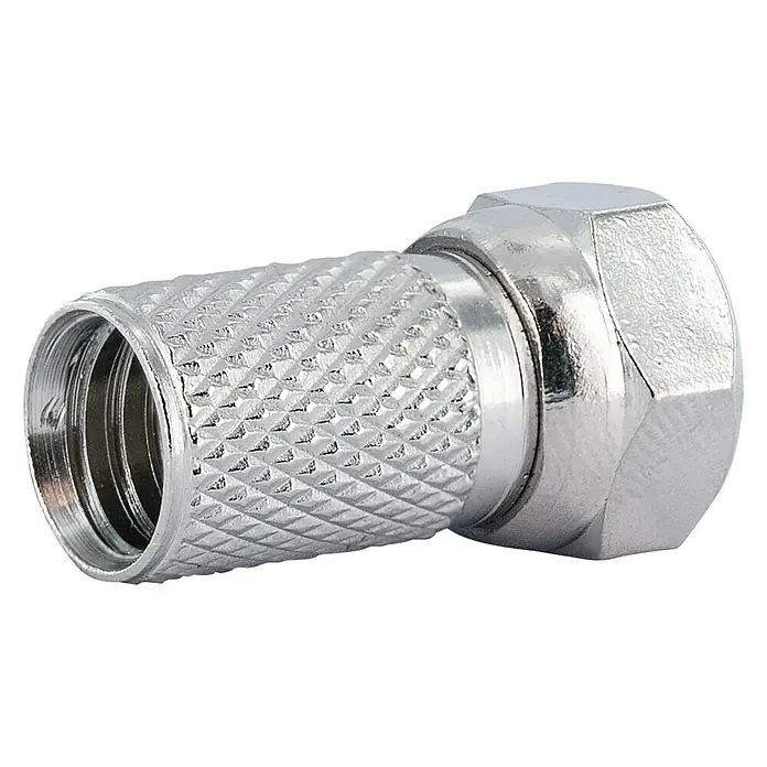 Schwaiger F-Stecker-Set - 7,3 mm, 4 Stk. - Nahaufnahme eines silbernen F-Steckers, der für Kabel- oder Satellitenanschlüsse verwendet wird. Er ist für eine sichere und zuverlässige Verbindung ausgelegt.