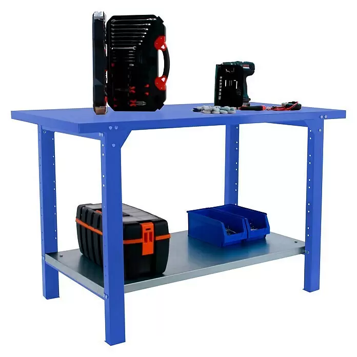 Simonrack Simonwork Werkbank BT6 PRO METAL 1200 - L x B: 73 x 120 cm, Arbeitshöhe: 83 cm, Belastbarkeit: 1.000 kg, Blau - Diagonale Ansicht
