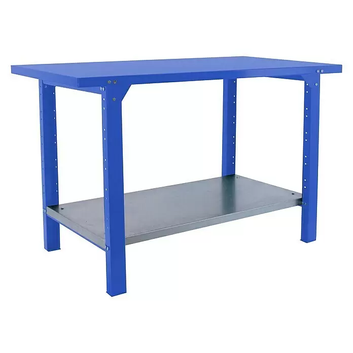 Simonrack Simonwork Werkbank BT6 PRO METAL 1200 - L x B: 73 x 120 cm, Arbeitshöhe: 83 cm, Belastbarkeit: 1.000 kg, Blau - Diagonale Ansicht