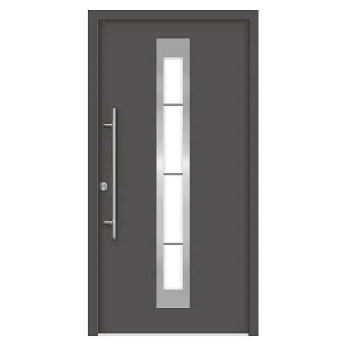 Splendoor Haustür Thermodoor PLUS SP45 - 110 x 210 cm, DIN Anschlag: Links, Anthrazitgrau Feinstruktur - Graue Haustür mit einem länglichen vertikalen Fenster in der Mitte und einem langen silbernen Griff auf der linken Seite.