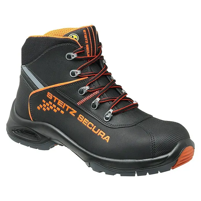 Steitz Secura Sicherheitsstiefel VX 7600 ESD - 45, Schutzklasse nach EN ISO 20345: S3, Schwarz/Grau - Schwarzer Steitz Secura Sicherheitsstiefel mit orangefarbenen Akzenten und Schnürsenkeln für optimalen Schutz und Komfort.