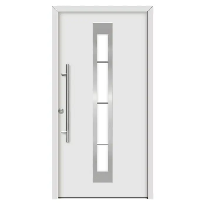 Splendoor Haustür Thermodoor PLUS SP45 - 110 x 210 cm, DIN Anschlag: Links, Verkehrsweiß - Moderne weiße Haustür mit einem vertikalen, rechteckigen Glaseinsatz und einem langen, geraden Türgriff aus Edelstahl.