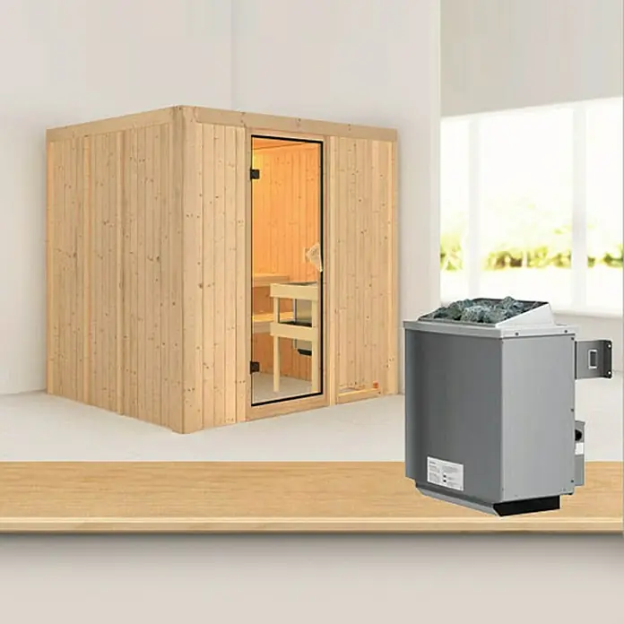 Karibu Elementsauna Sodin - Mit 9 kW Ofen mit integrierter Steuerung, Ohne Dachkranz, L x B x H: 196 x 170 x 192 cm - Holzsauna mit Glastür und einem Saunaofen auf einem Holzregal.