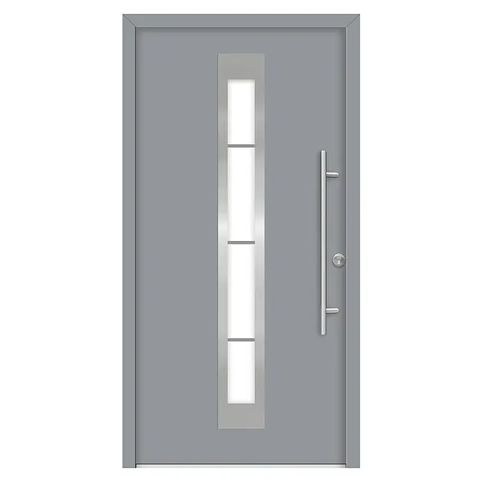 Splendoor Haustür Thermodoor PLUS SP45 - 110 x 210 cm, DIN Anschlag: Rechts, Verkehrsgrau - Moderne Haustür in Grau mit vertikalem Fensterstreifen und langem, silberfarbenem Türgriff. Elegantes und zeitgemäßes Design für Ihren Hauseingang.