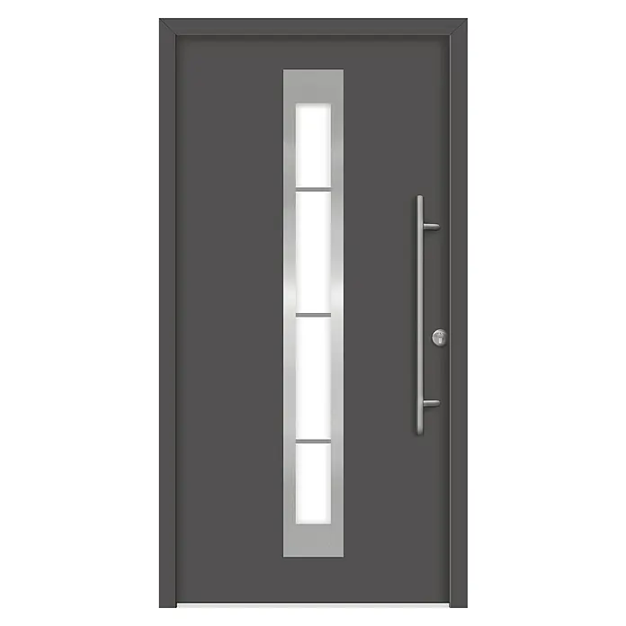 Splendoor Haustür Thermodoor PLUS SP45 - 110 x 210 cm, DIN Anschlag: Rechts, Anthrazitgrau Feinstruktur - Graue Haustür mit einem länglichen Fenster in der Mitte und einem langen, vertikalen Griff rechts.