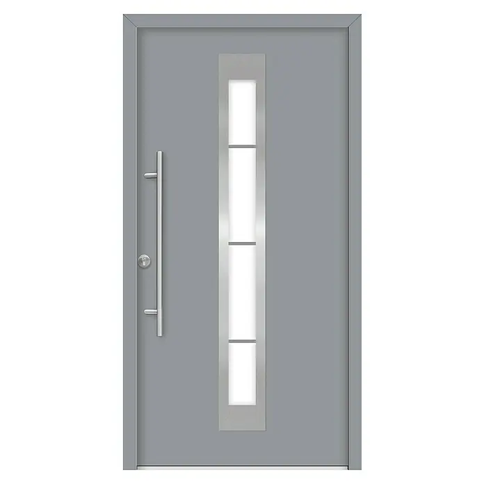 Splendoor Haustür Thermodoor PLUS SP45 - 100 x 210 cm, DIN Anschlag: Links, Verkehrsgrau - Graue Eingangstür mit einem vertikalen Fenster, einem Griff und einem Schloss.