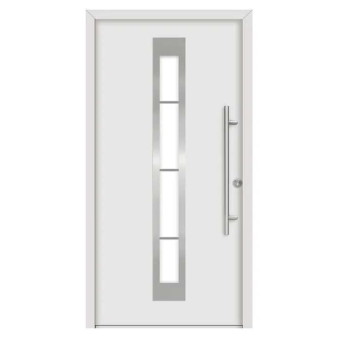 Splendoor Haustür Thermodoor PLUS SP45 - 110 x 210 cm, DIN Anschlag: Rechts, Verkehrsweiß - Weiße Haustür mit schmalem, rechteckigem Fensterbereich und einem langen, vertikalen Türgriff aus Metall. Die moderne Tür ist schlicht und elegant.