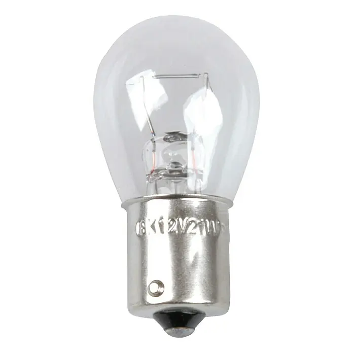 UniTEC Blink- & Bremslichtlampe - P21W, 2 Stk. - Nahaufnahme einer klaren 12V21W-Glühbirne mit Metallsockel, die ein gut sichtbares Glühwendel im Inneren zeigt. Ideal für Kfz-Beleuchtung und Reparaturen.