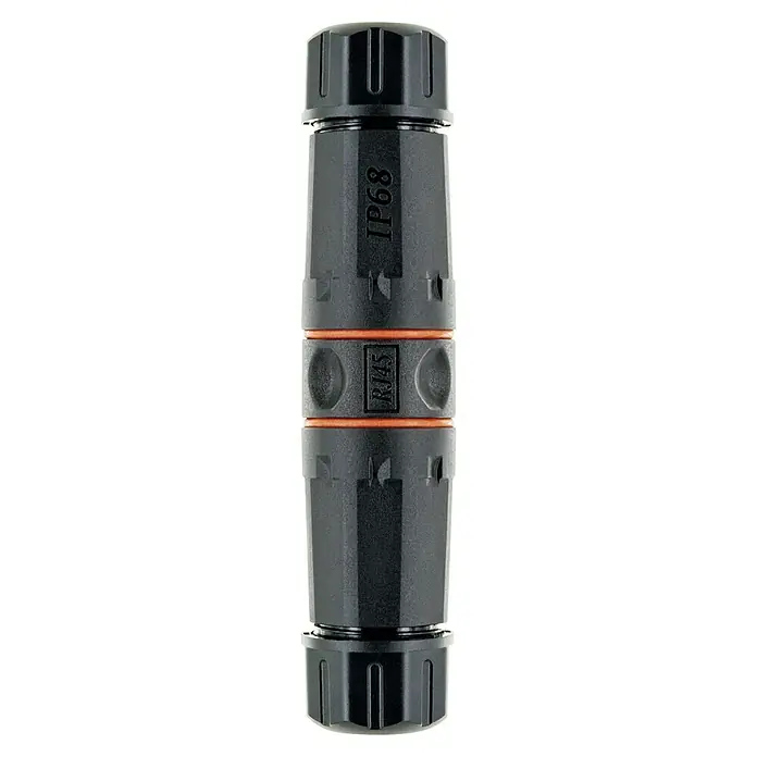 Schwaiger Verbinder CAT 6A Netzwerkverbinder - RJ45-Buchse, Außen, IP68 - Abbildung eines schwarzen RJ45-Steckverbinders, wasserdicht nach IP68, für robuste Netzwerkverbindungen im Außenbereich.