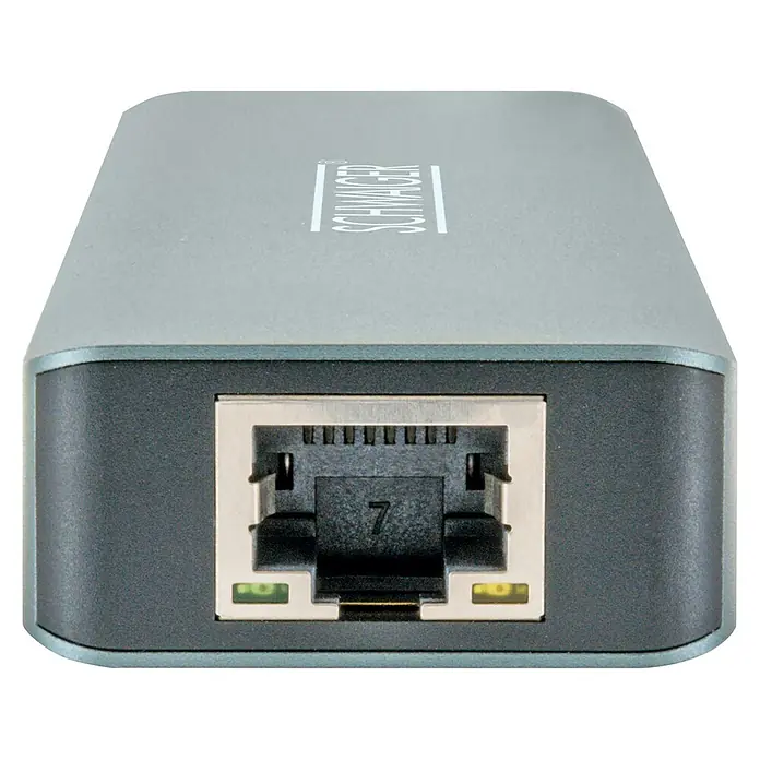 Schwaiger USB-Adapter USB Type C Multiport 6in1 - Grau, USB C-Stecker - Nahaufnahme eines Schwager Netzwerkkabels mit gut sichtbarem Anschluss für verbesserte Konnektivität und zuverlässige Datenübertragung.