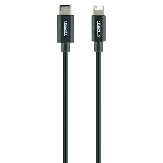 Schwaiger USB-Kabel Lightning - 2 m, USB C-Stecker, Schwarz - Abbildung eines schwarzen USB-C- auf Lightning-Kabel von Schwaiger, das zum Laden und Synchronisieren von Apple-Geräten verwendet werden kann.