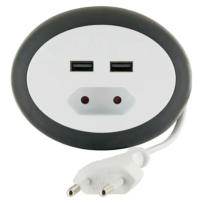 Schwaiger Euro-Verlängerung - USB-A-Buchse (2 Stk.), Weiß, 3 m - Nahaufnahme eines runden Tischsteckers mit USB-Anschlüssen und EU-Steckdose, ideal zum Aufladen mehrerer Geräte gleichzeitig.