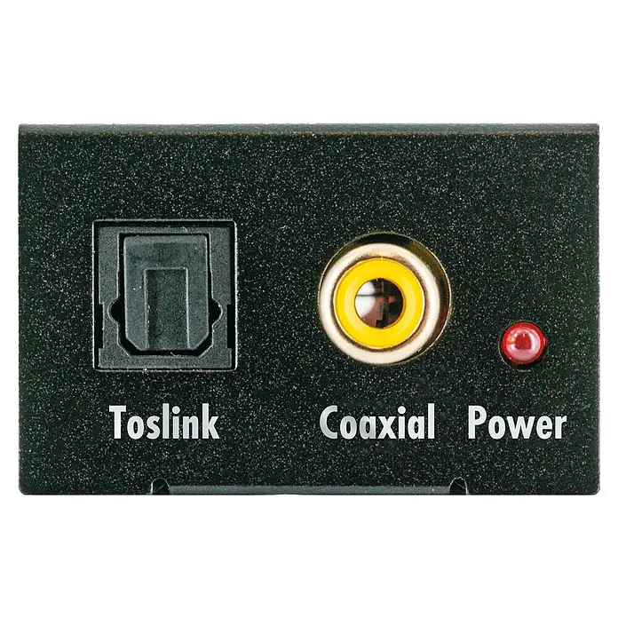 Schwaiger Audio-Adapter Digital zu Analog - Koax-Buchse - Nahaufnahme der Rückseite eines Audio-Geräts, das Toslink-, Koaxial- und Stromanschlüsse zeigt.