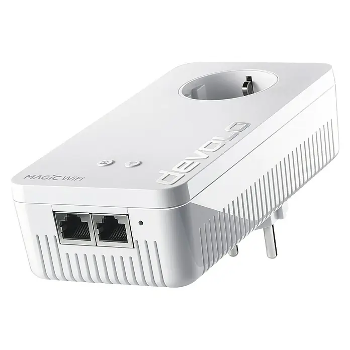 Devolo Erweiterungsadapter Magic 1 WiFi - 1 Stk., Passend für: devolo Magic-Reihe - Produktbild des Devolo Magic WiFi 2-1 Adapters mit zwei LAN-Anschlüssen und integrierter Steckdose für optimale Konnektivität.