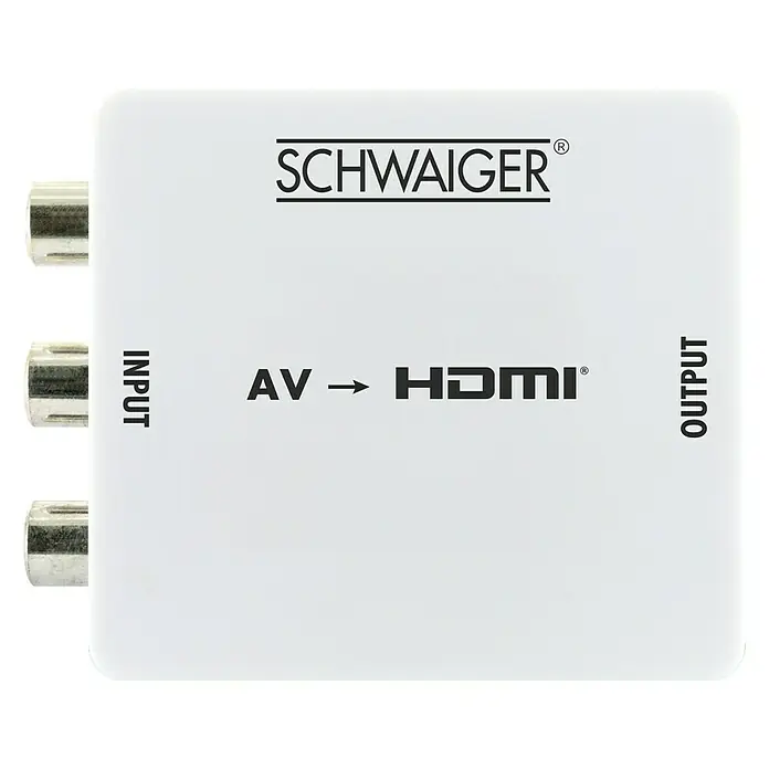 Schwaiger HDMI-Adapter - Weiß, Cinch-Buchse - Abbildung eines weißen SCHWAIGER AV zu HDMI Konverters, der AV-Signale in HDMI-Signale umwandelt. Er verfügt über Eingangs- und Ausgangsanschlüsse.