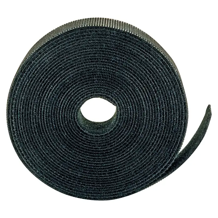 Schwaiger Klettband Rolle - L x B: 3 m x 15 mm, Schwarz, Selbstklebend - Nahaufnahme einer schwarzen Klettbandrolle, ideal zum Bündeln und Organisieren von Kabeln. Praktisch für Büro und Haushalt.