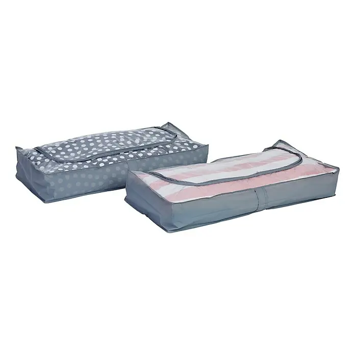 Unterbettkommoden-Set - 90 x 45 x 16 cm, 2 Stk., Polyester - Zwei graue Aufbewahrungstaschen mit transparentem Deckel, eine mit Punkten und die andere mit rosa gestreiftem Inhalt.