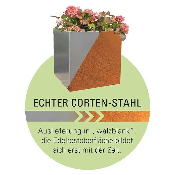 Palatino Hochbeet Urban C-Form - 500 x 500 x 70 cm, Stahl, Rostbraun - Quadratischer Pflanzkübel aus Cortenstahl mit blühenden Pflanzen.