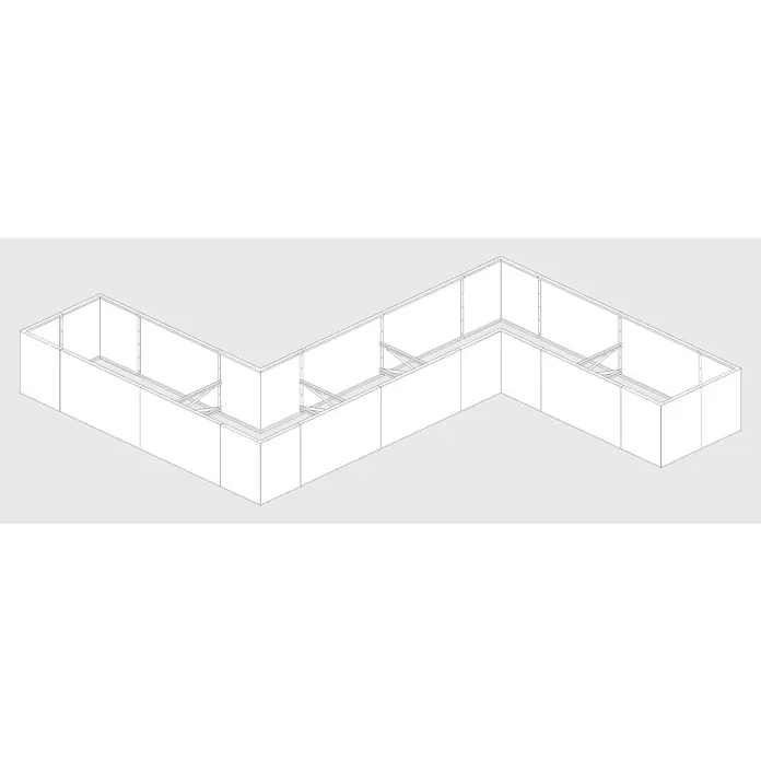 Palatino Hochbeet Urban S-Form - 500 x 400 x 70 cm, Stahl, Rostbraun - Perspektivische Darstellung eines weißen, modularen Messestandes mit Rahmenstruktur für flexible Präsentationen und Ausstellungen.