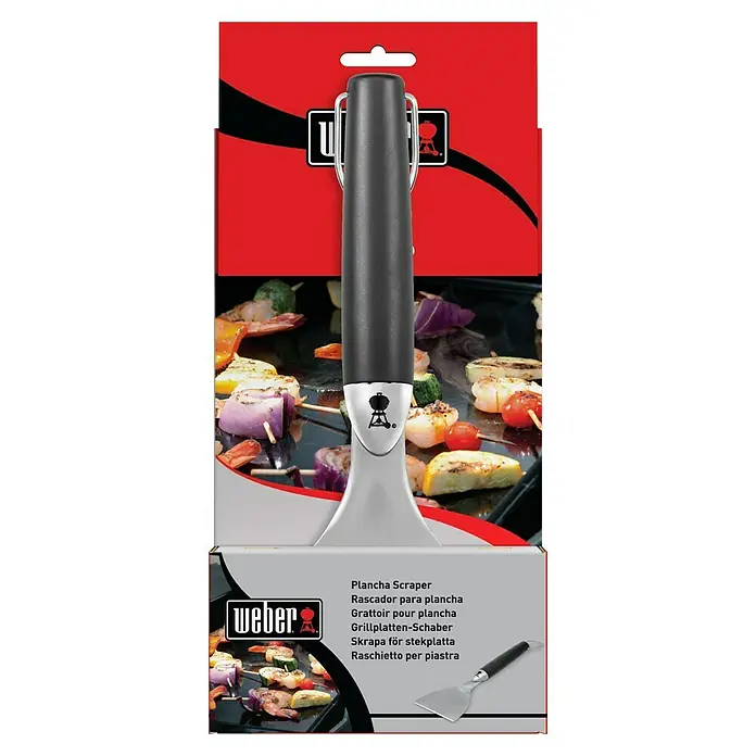Weber Grillbesteck - Länge: 20,32 cm, Silikon - Abbildung eines Weber Plancha Schabers in seiner Verpackung. Das Werkzeug hat einen grauen Griff und eine Metallklinge.