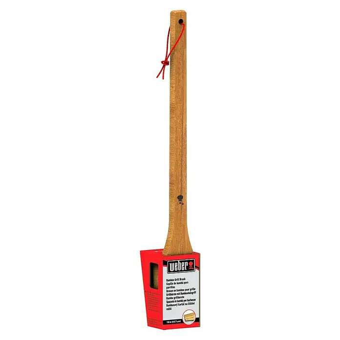 Weber Grillbürste - Länge: 44,4 cm - Weber Bambus Grillbürste mit roter Kordel und Verpackung mit mehrsprachiger Produktbeschreibung.