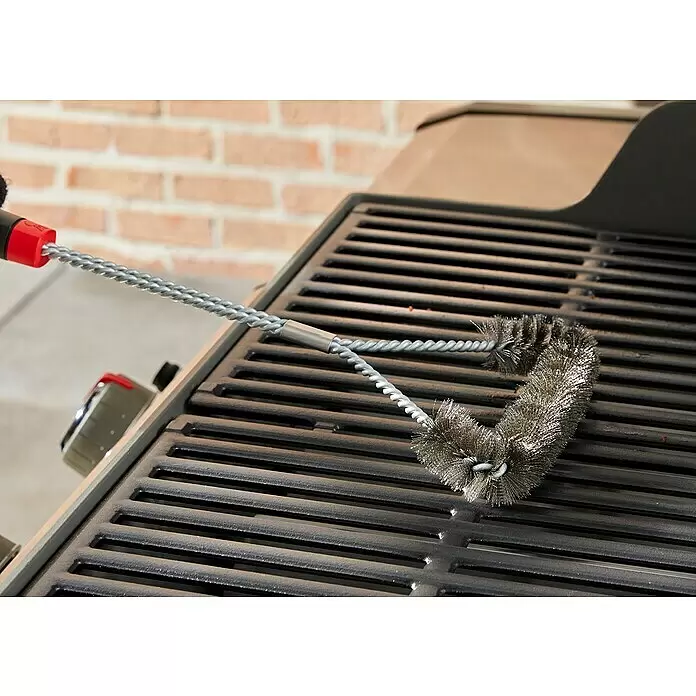 Weber Grillbürste - Länge: 46,3 cm - Metallene Grillbürste mit rotem Griff reinigt aktiv einen schmutzigen schwarzen BBQ-Rost.