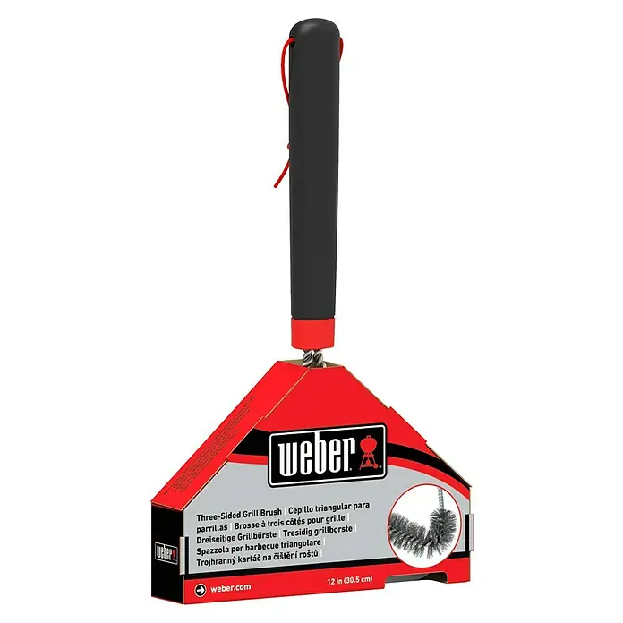 Weber Grillbürste - Länge: 30,5 cm - Abgebildet ist eine dreiseitige Grillbürste von Weber zum Reinigen von Grillrosten. Die Bürste hat einen schwarzen Griff.
