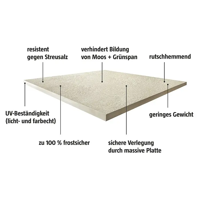 Queens Terrassenfliese - 59,3 x 59,3 x 2 cm, Beige, Matt - Die massive Platte ist resistent gegen Streusalz, verhindert Moosbildung, ist rutschhemmend, UV-beständig, frostsicher und leicht.