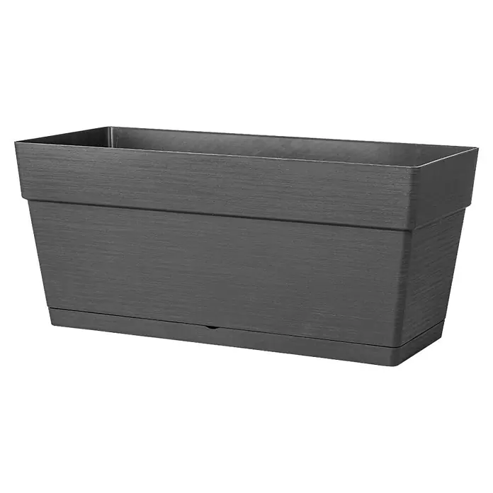 Deroma Pflanzkasten Save R XL - Außenmaß (L x B x H): 79 x 35 x 35 cm, Kunststoff, Anthrazit - Schwarzer, rechteckiger Pflanzkasten mit einer strukturierten Oberfläche und einer passenden Unterschale für den Innen- oder Außenbereich.