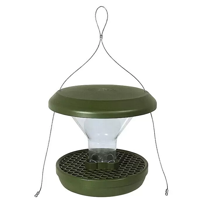 Swissinno Futtersäule Smart Birds - Kunststoff, Dunkelgrün - Grüner und klarer Kunststoff-Vogelfutterspender mit zentraler Saatenkammer und sechseckiger Futterplattform, aufgehängt an Metalldraht.