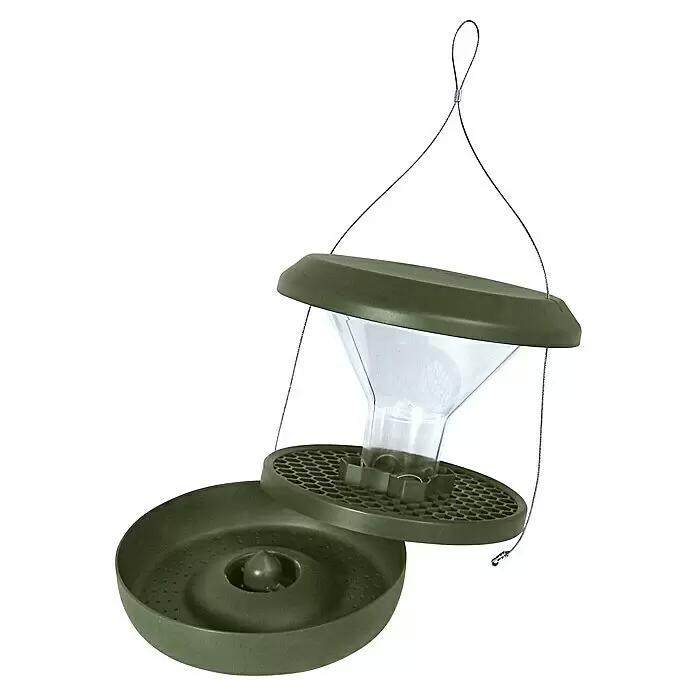 Swissinno Futtersäule Smart Birds - Kunststoff, Dunkelgrün - Olivgrünes Kunststoff-Vogelfutterhaus mit transparentem Behälter, an Draht hängend, und offener Bodenschale.