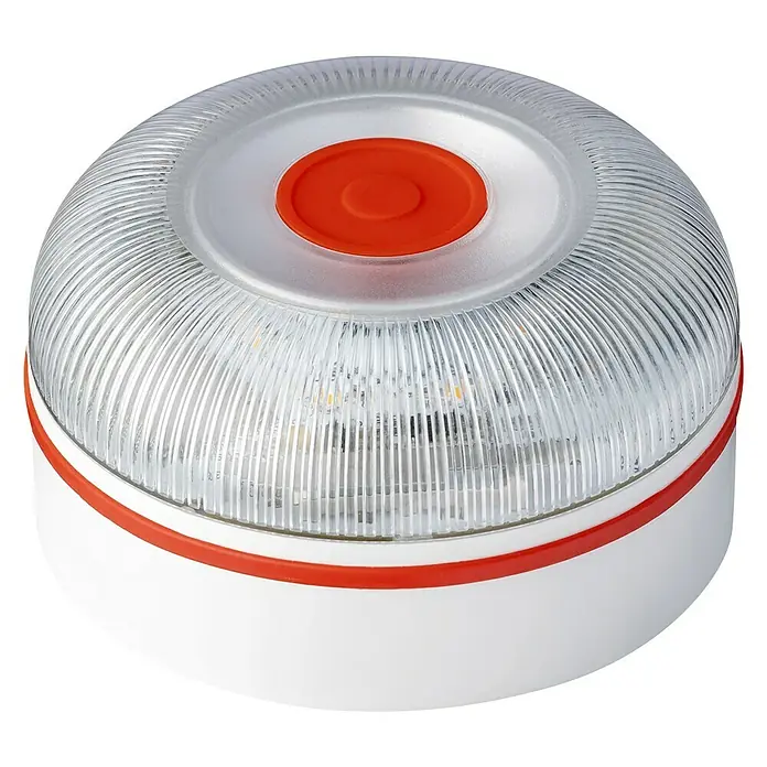 Luz de emergencia Help Flash IoT - Apto para: Avería en el vehículo - Luz de advertencia LED portátil redonda con carcasa transparente, botón rojo y base blanca para situaciones de emergencia.