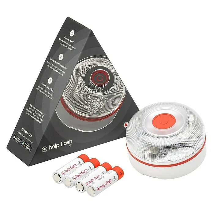 Luz de emergencia Help Flash IoT - Apto para: Avería en el vehículo - El kit de luz de emergencia Help Flash IoT con baterías y embalaje, un conjunto práctico para la seguridad vial.
