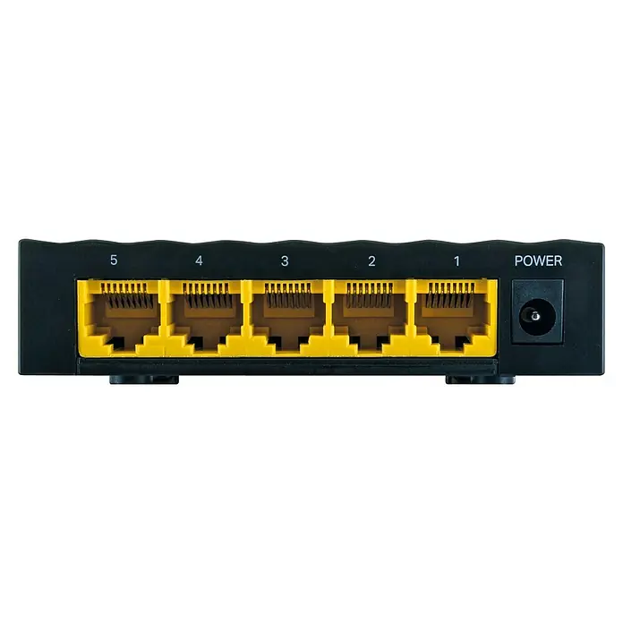 Schwaiger Netzwerkadapter 5-Port Netzwerk Switch - RJ45-Buchse - Nahaufnahme eines schwarzen Netzwerk-Switches mit fünf gelben Ethernet-Anschlüssen und einem Stromanschluss.