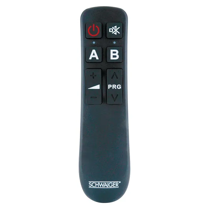 Schwaiger Universal-Fernbedienung Comfort - Schwarz, 30 x 45 x 175 mm, Passend für: TV-Geräte der Marken: LG, Samsung, Sony, Panasonic, Philips - Nahaufnahme einer schwarzen SCHWAIGER-Fernbedienung mit roten und weißen Tasten für verschiedene Funktionen.