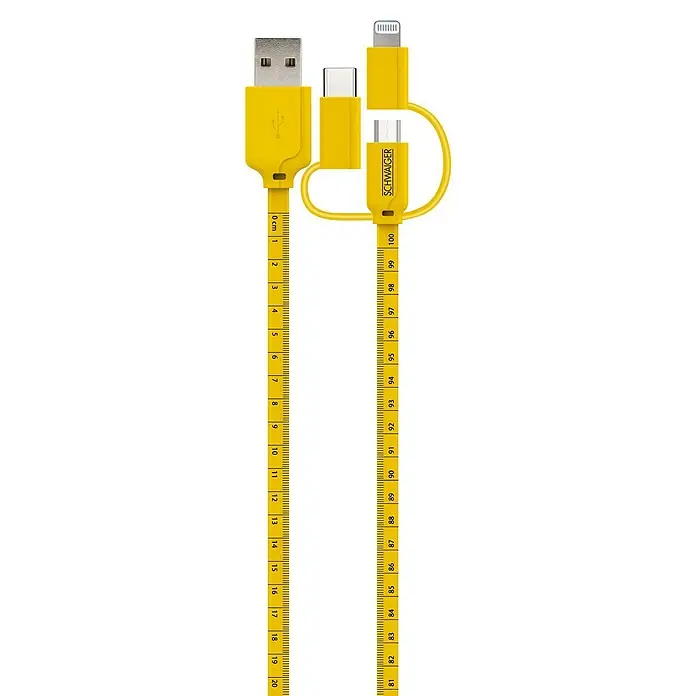 Schwaiger USB-Kabel Sync & Ladekabel mit Maßband - 1,2 m, USB A-Stecker, USB C-Stecker, USB Micro-Stecker, Lightning-Stecker, Schwarz/Gelb - Gelbes 3-in-1-Ladekabel von Schwaiqer mit USB-, Micro-USB- und Lightning-Anschlüssen, 1 Meter lang mit Zentimeter-Markierungen.