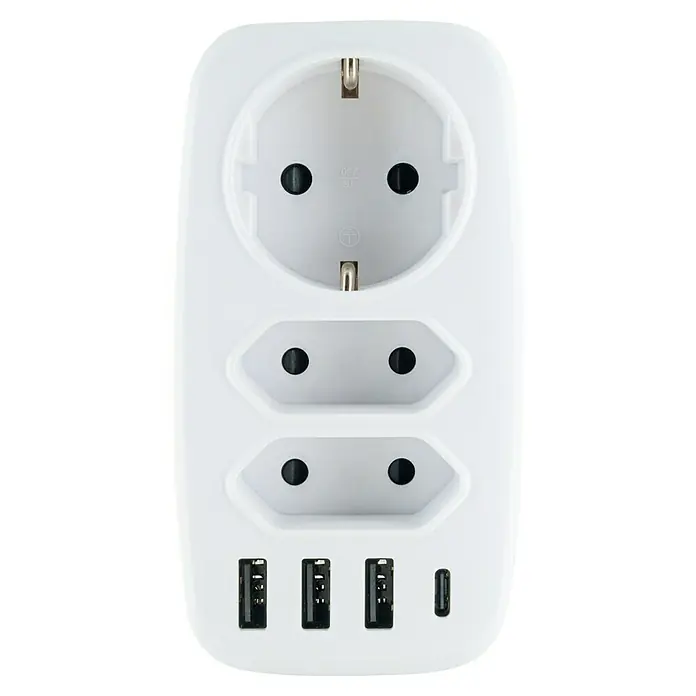 Schwaiger Zwischenstecker 3-fach mit 3 x USB - Schutzkontakt-Steckdose, 3.680 W - Weißer Mehrfachstecker mit einer Schuko-Steckdose, zwei Eurosteckdosen und vier USB-Anschlüssen für vielseitige Stromversorgung.
