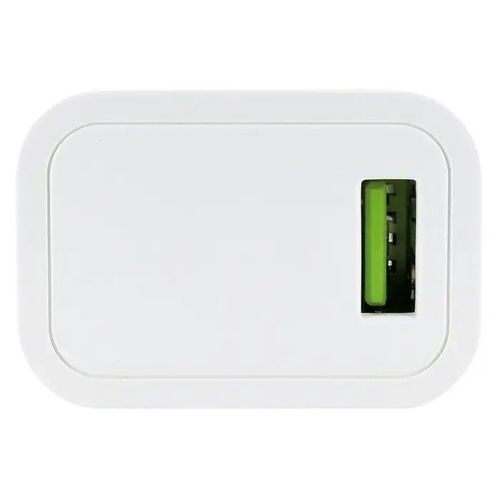Schwaiger USB-Ladeadapter - A-Buchse - Weißer USB-Wandadapter mit abgerundeten Ecken und grünem USB-A-Anschluss. Perfekt zum Aufladen von Geräten zu Hause oder auf Reisen.