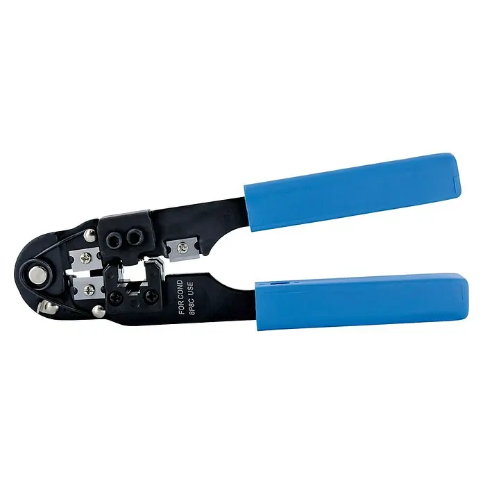 Schwaiger Crimpzange - Schwarz/Blau, Passend für: RJ45, Material: Kunststoff - Eine Crimpzange mit blauen Griffen und schwarzem Metallgehäuse zum Verpressen von Steckverbindern für Kabel.