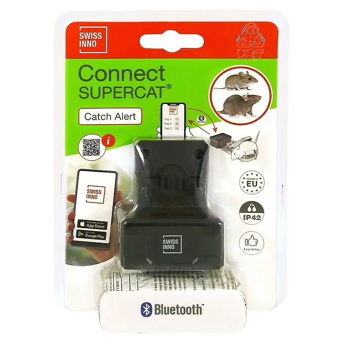 Swissinno Bluetooth-Empfangseinheit Fangalarm Connect SuperCat - Passend für: Swissinno Mause- und Rattenfallen - Das Bild zeigt eine "Swiss Inno Connect SuperCat" Mausefalle mit Bluetooth-Funktion, die in einer Verpackung präsentiert wird.