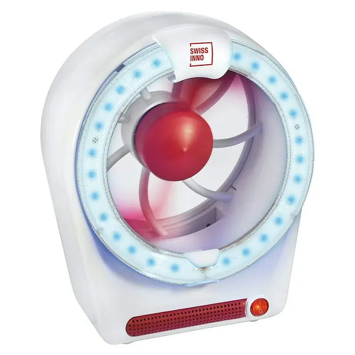 Swissinno Insektenfänger - 15 W - Nahaufnahme eines Swiss Inno Lüfters, der in einem runden Design mit blauen Lichtern und einem roten Propeller präsentiert wird.