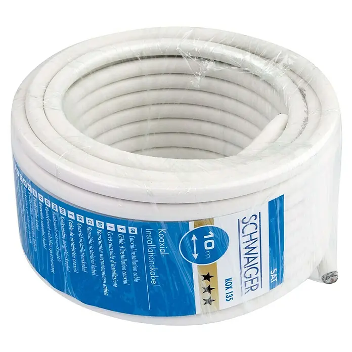 Schwaiger Koaxialkabel - 10 m, Weiß, Schirmungsmaß: 135 dB - Roll of white Schwaiger coaxial cable, 10 meters long, for installation, model KOX 135, wrapped in plastic film for protection.
