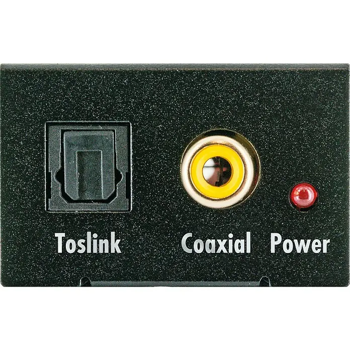 Schwaiger Audio-Adapter Analog zu Digital Audio Konverter - Koax-Buchse - Nahaufnahme eines digitalen Audio-Konverters mit Toslink-, Koaxial- und Stromanschlüssen für klare Audioübertragung.