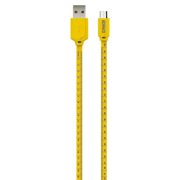 Schwaiger USB-Kabel Sync & Ladekabel mit Maßband - 1,2 m, USB A-Stecker, USB Micro-B-Stecker, Schwarz/Gelb - Gelbes USB-C auf USB-A Kabel von Schwaiger mit Zentimeter-Markierungen für einfaches Messen und Übertragen von Daten.