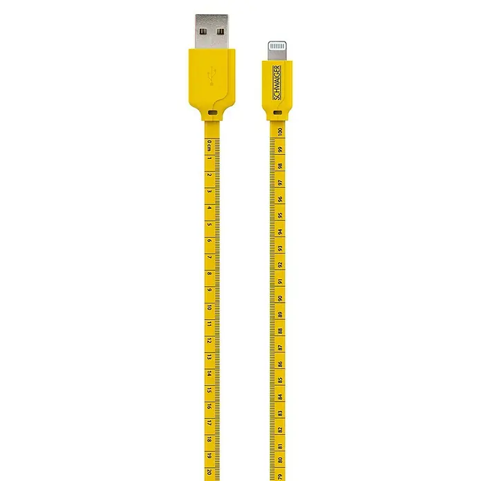 Schwaiger USB-Kabel Sync & Ladekabel mit Maßband - 1,2 m, USB A-Stecker, Lightning-Stecker, Schwarz/Gelb - Gelbes USB-Kabel mit Zentimeter-Markierungen für präzise Messungen und schnelles Aufladen von Geräten.